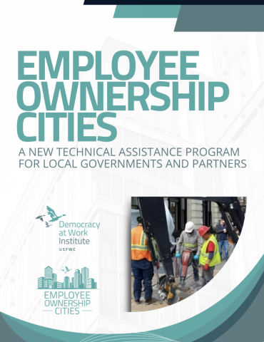 Cover saying Employee Ownership Cites with DAWI logo and Employee Ownership Cites logo and a picture of construction workers
