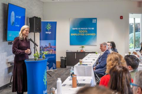 Mayor of Raleigh, Janet Cowell presenting at the Employee Ownership Raleigh Launch.